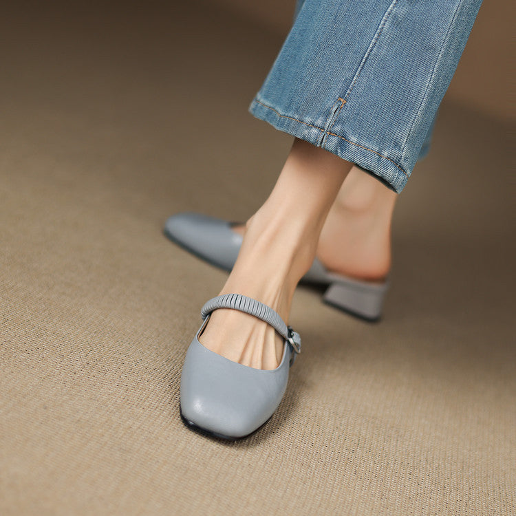 Square Toe Buckle Strap Mary Jane Mules