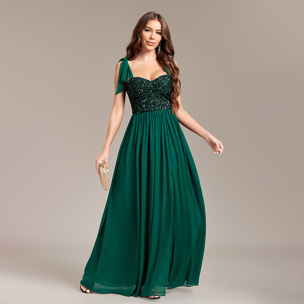 Sequin Sweetheart Tie Strap High Split A-Line Chiffon Maxi Dress