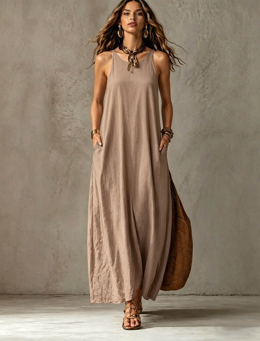 Sleeveless Tie Neck Pocket Maxi Dress 6