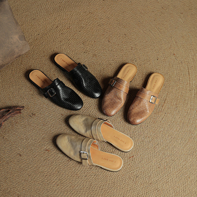 Croc Print Square Toe Buckle Flat Mules