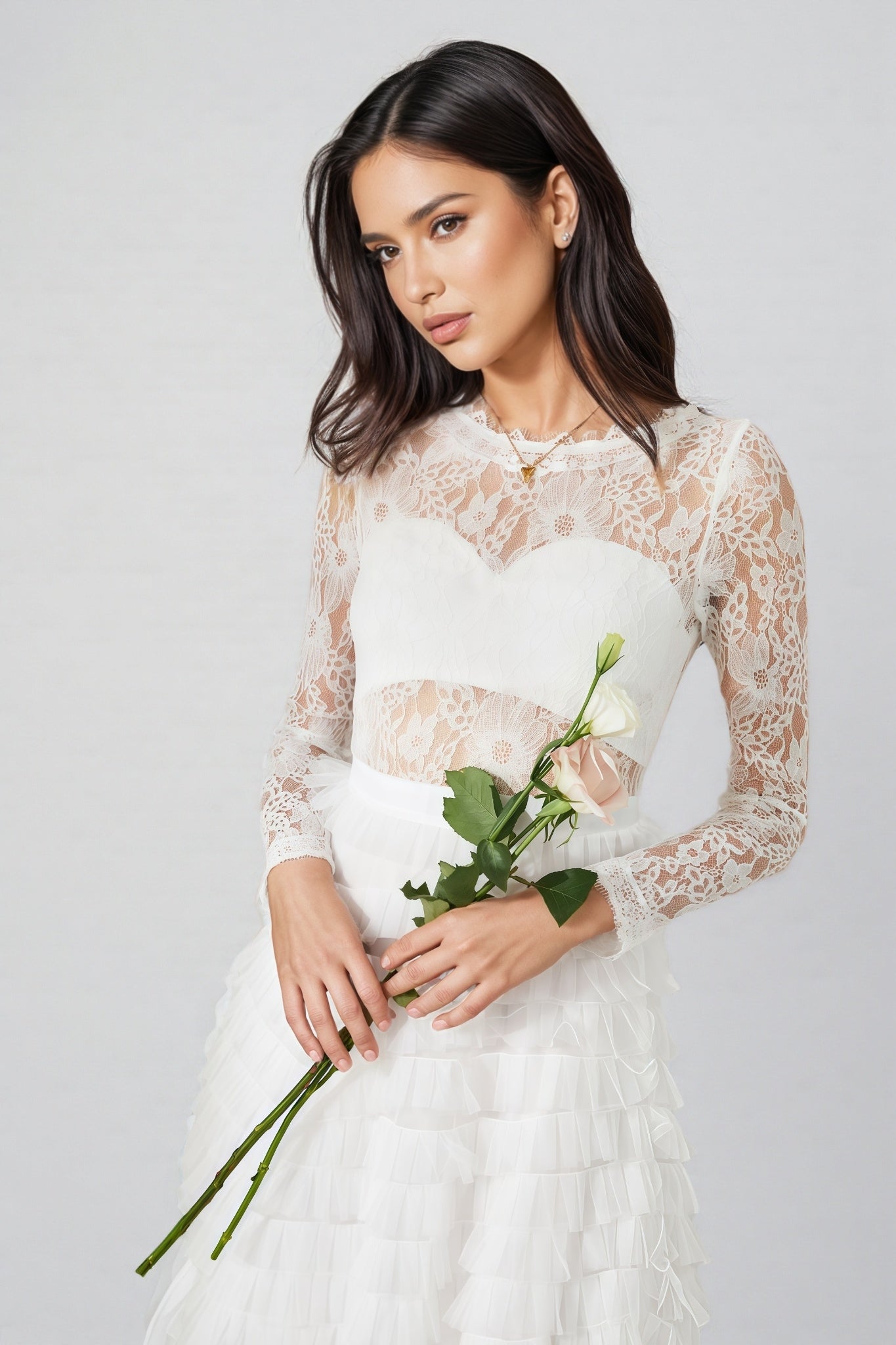 Yuio White Hollow Lace A-line Maxi Dress - View 4
