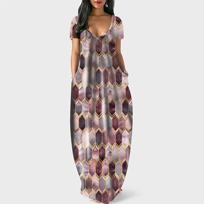 Geometric Print Scoop Neck Short Sleeve Cocoon Maxi Dress with Pockets 6