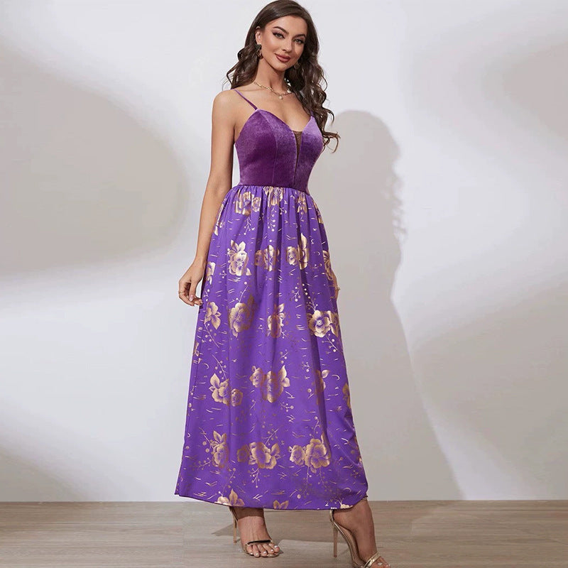 Velvet Spaghetti Strap Mesh Plunge Floral Print Pleated A-Line Maxi Dress
