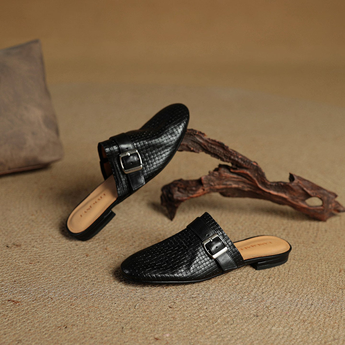 Croc Print Square Toe Buckle Flat Mules