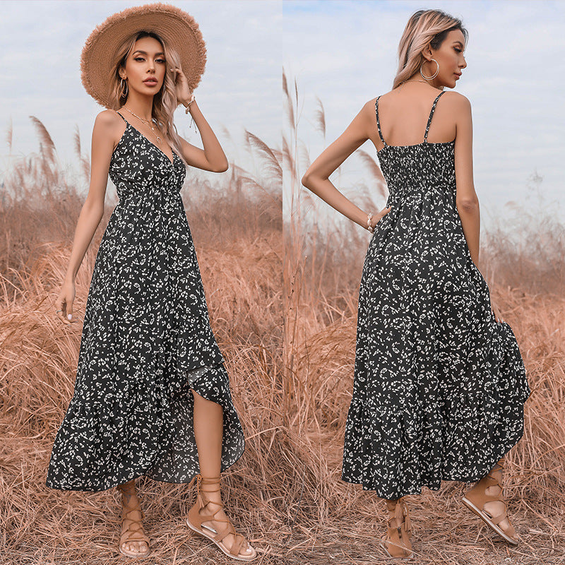Floral Spaghetti Strap V-Neck Tiered High Split Midi Dress
