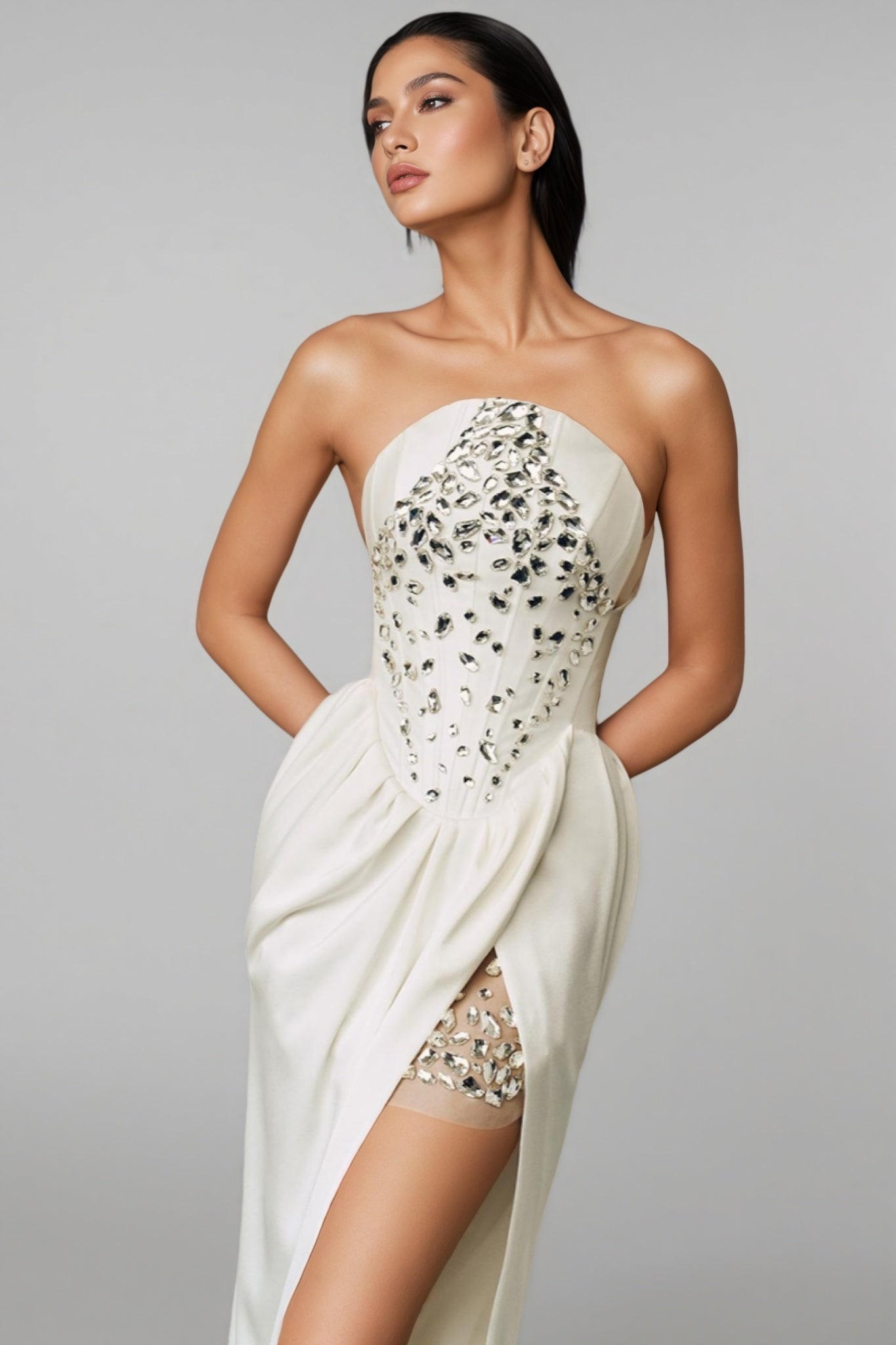 Strapless Corset Crystal Bodice Draped Hip High Split Gown