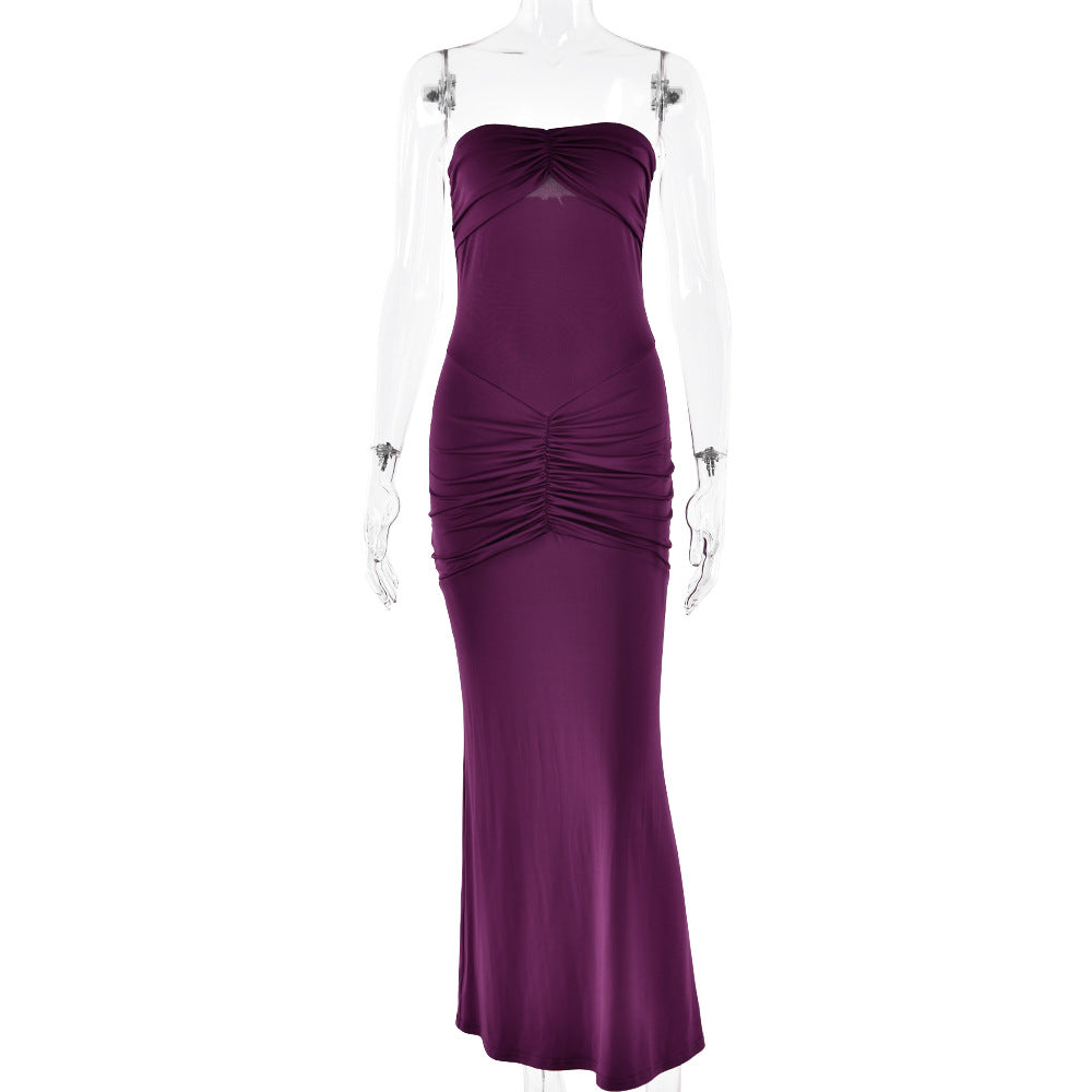 Velvet Strapless Sweetheart Center Ruched Bodycon Maxi Gown