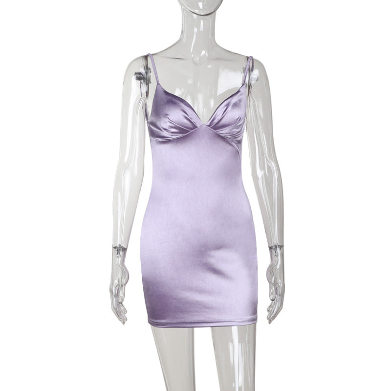 Satin V-Neck Spaghetti Strap Ruched Bust Bodycon Mini Slip Dress 5