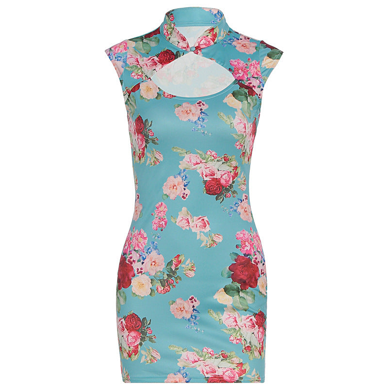 Floral Print Mandarin Collar Keyhole Cut Out Cap Sleeve Bodycon Mini Dress 2