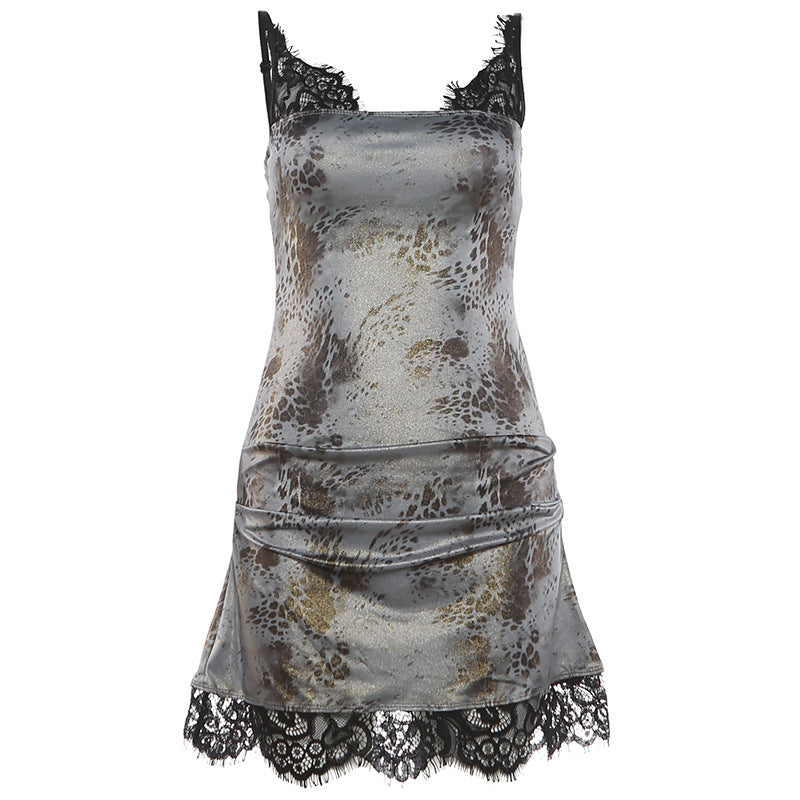 Animal Print Satin Lace Trim Spaghetti Strap Cowl Mini Slip Dress 6