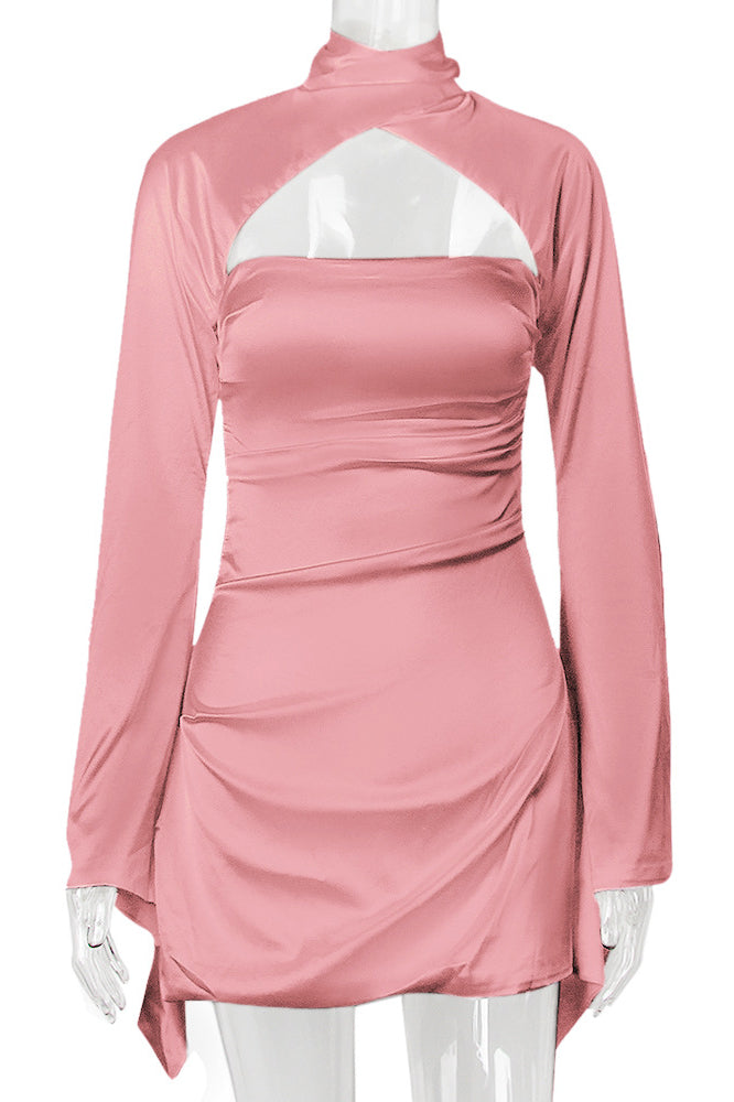 Satin High Neck Long Sleeve Cut Out Ruched Mini Dress
