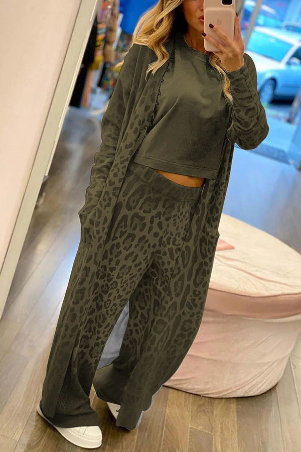 Leopard Print Long Sleeve Cardigan and Pants Set