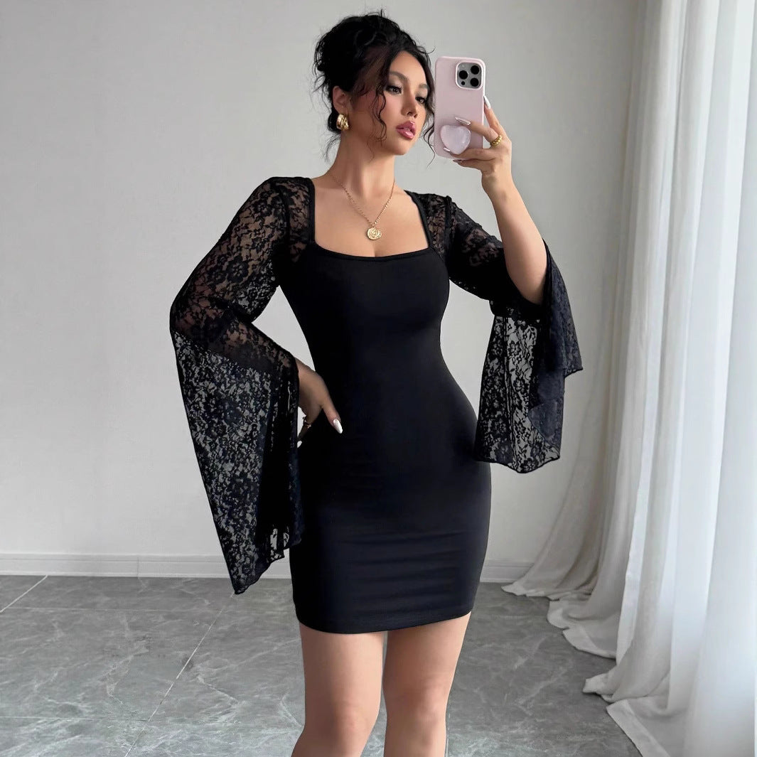 Lace Bell Sleeve Square Neck Bodycon Mini Cocktail Dress - View 2