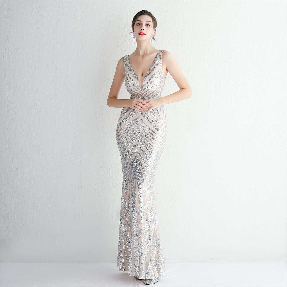 Chevron Sequin V-Neck Sleeveless Mermaid Evening Gown 5