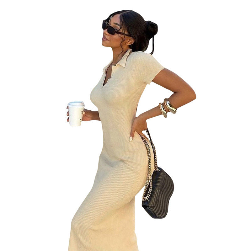 Ribbed Knit Polo Collar Short Sleeve Bodycon Maxi Dress 5