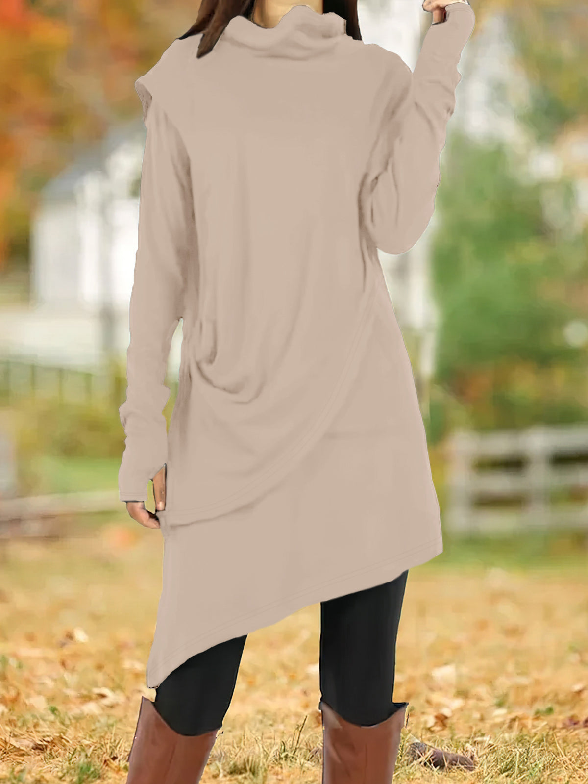 Cowl Turtleneck Draped Asymmetric Layered Long Sleeve Thumbhole Tunic Dress 5