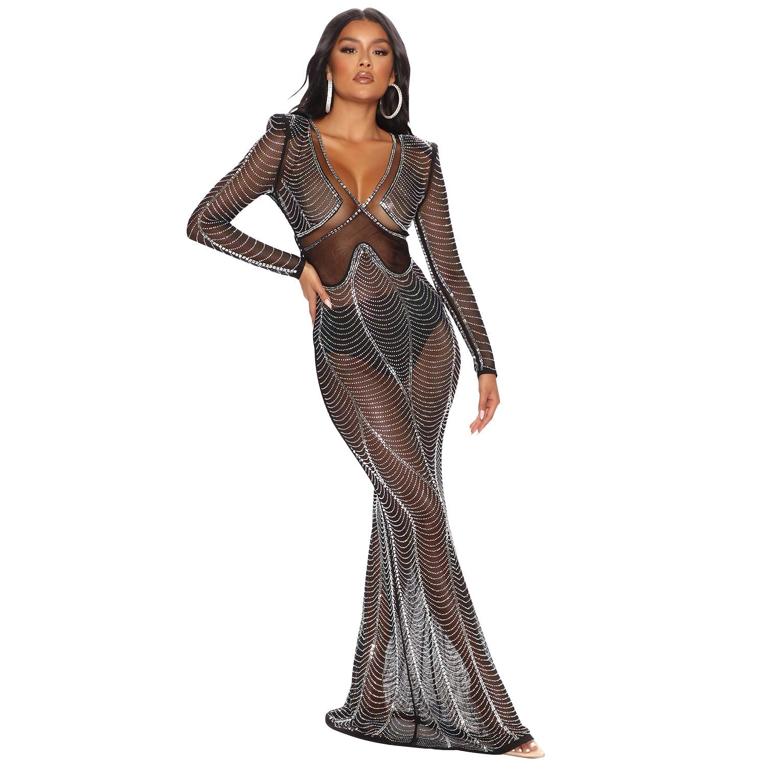 Rhinestone Mesh Deep V-Neck Long Sleeve Maxi Gown