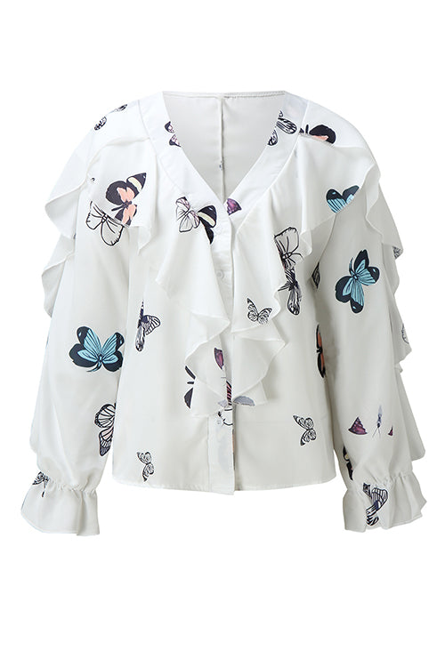 Ruffles Button V Neck Blouse