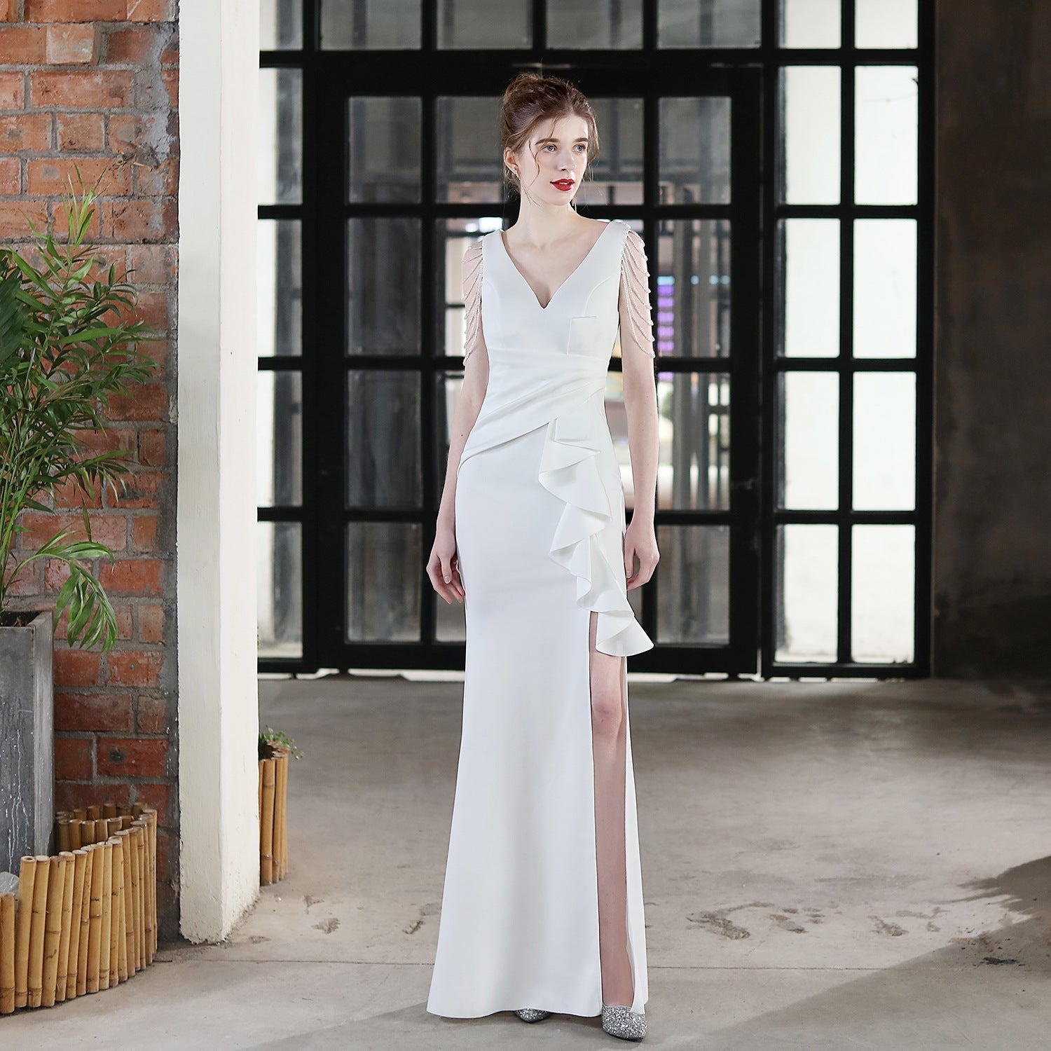 Deep V-Neck Beaded Shoulder Fringe Wrap Waist Side Ruffle High Split Maxi Gown