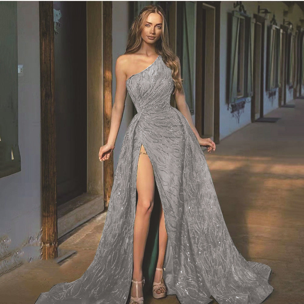 Sequin One Shoulder High Split Maxi Gown