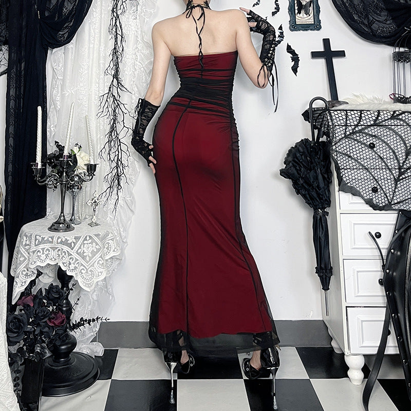 Halter Neck Ruched Lace Up Sheer Mesh Mermaid Maxi Dress