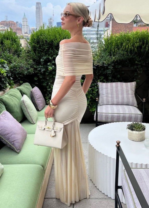 Off Shoulder Ruched Mesh Bust Panel Pleated Mesh Overlay Maxi Gown