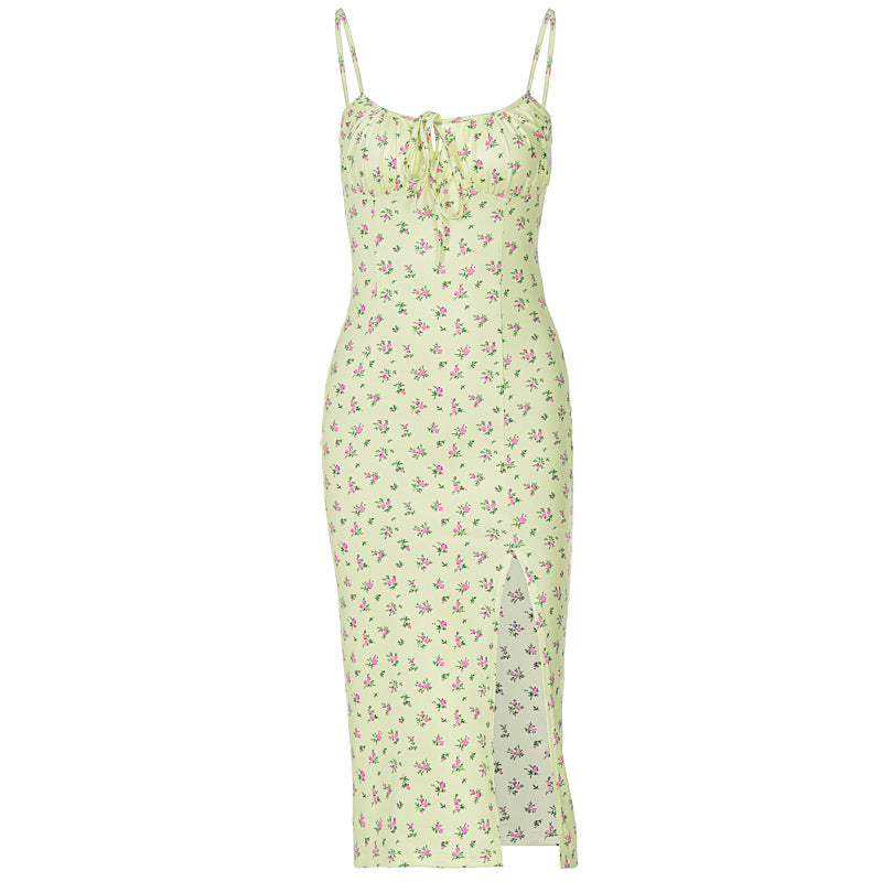 Ditsy Floral Spaghetti Strap Lace Up Bust High Split Midi Dress 5