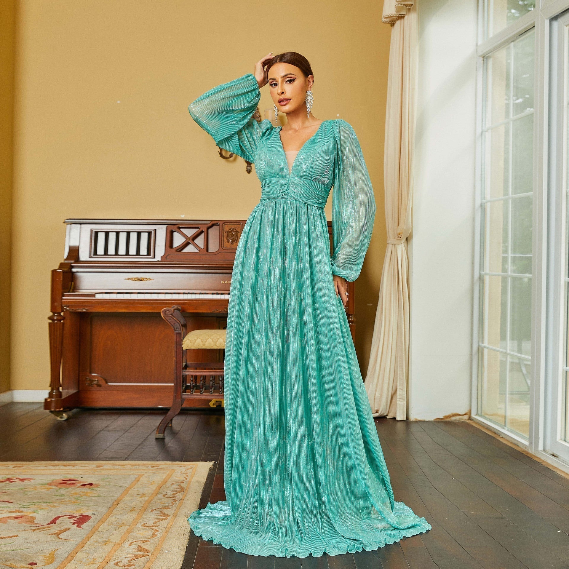 V-Neck Bishop Sleeve Pleated Ruched A-Line Maxi Dress