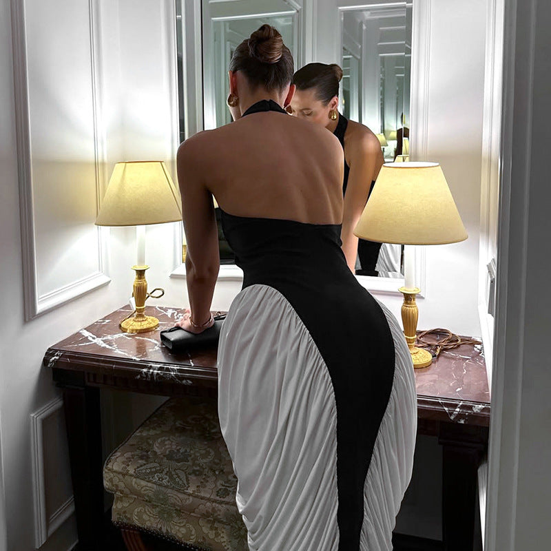 Halter Neck Ruched Draped Asymmetric Bodycon Midi Dress