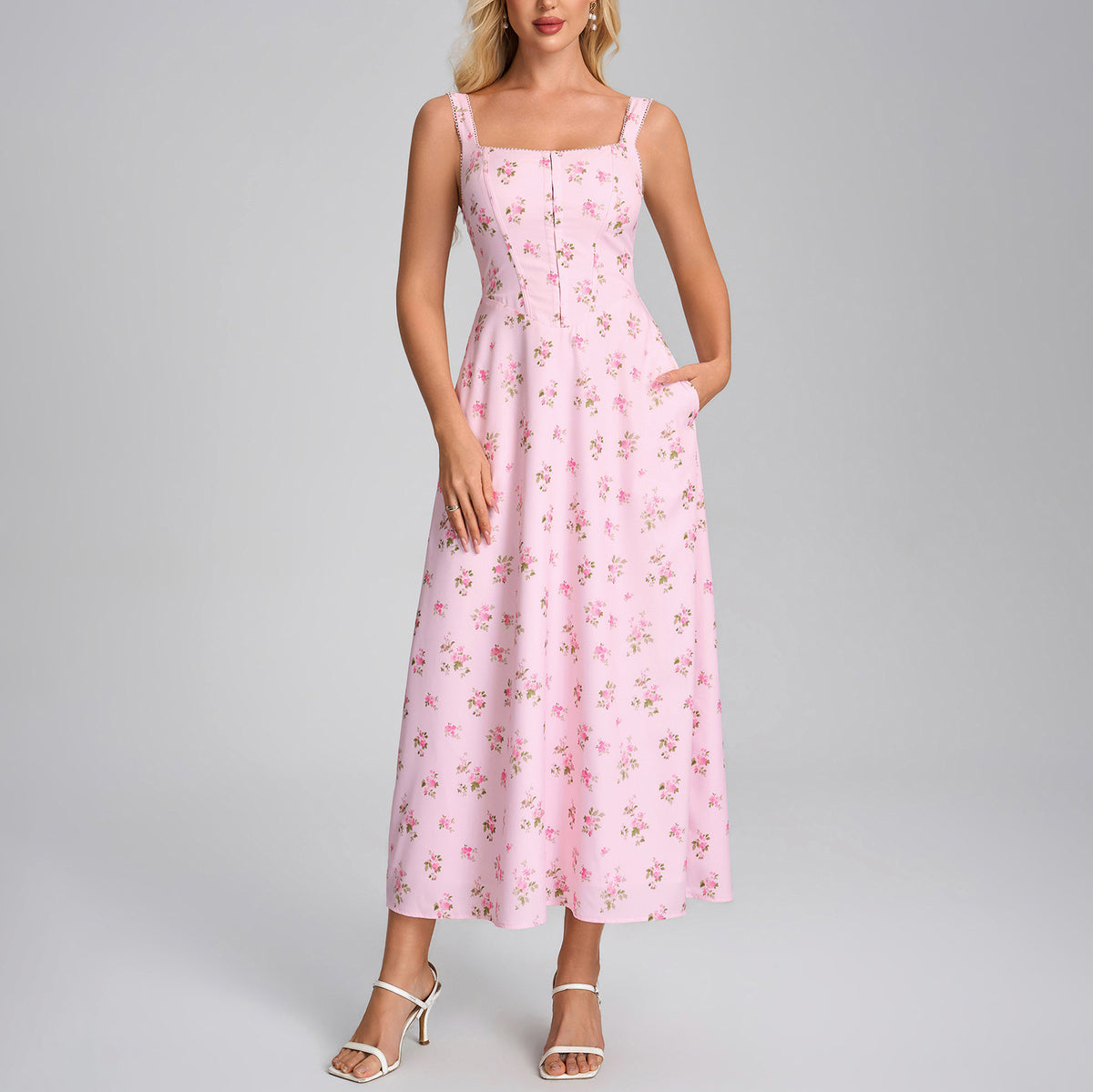 Summer Printing Slip Dress Sexy Square Collar Backless Lace up Slim Vacation Dress