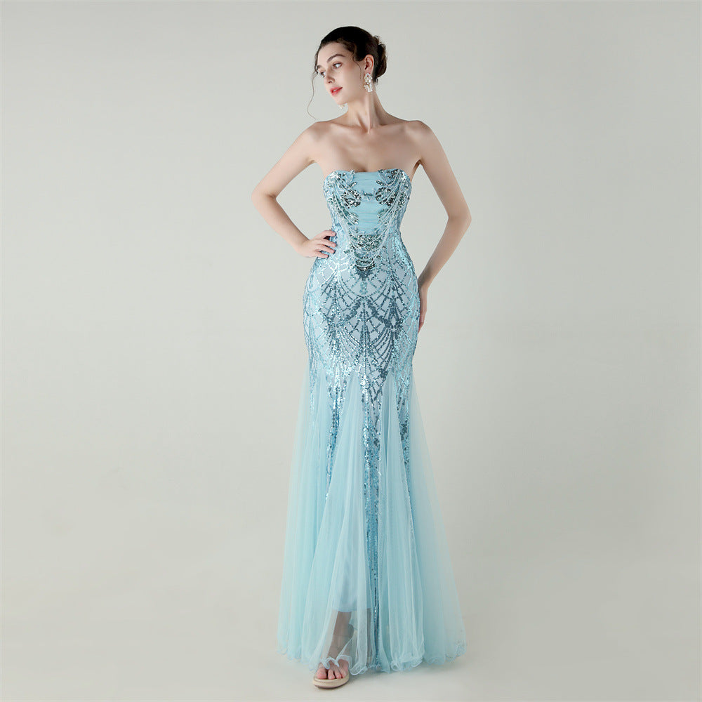 Mesh Heavy Industry Beaded Tube Floral Evening Dress Tube Top Fishtail Dress Swing Cocktail Social Socialite - FashionAxe
