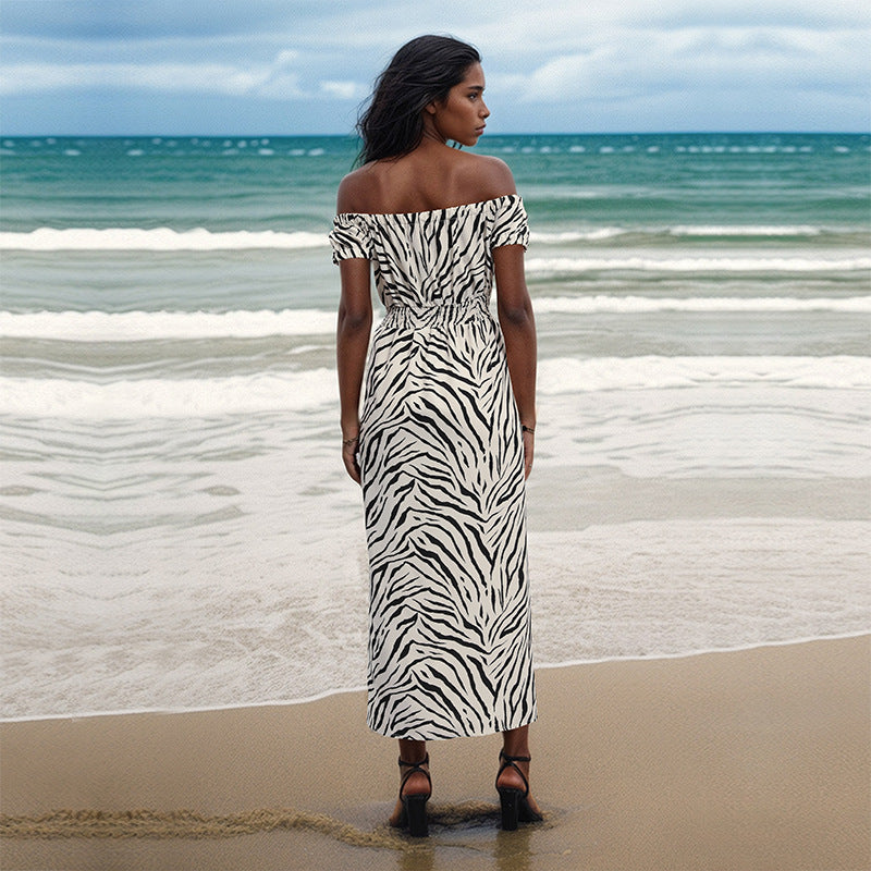 Summer Women Animal Pattern off Neck Dress