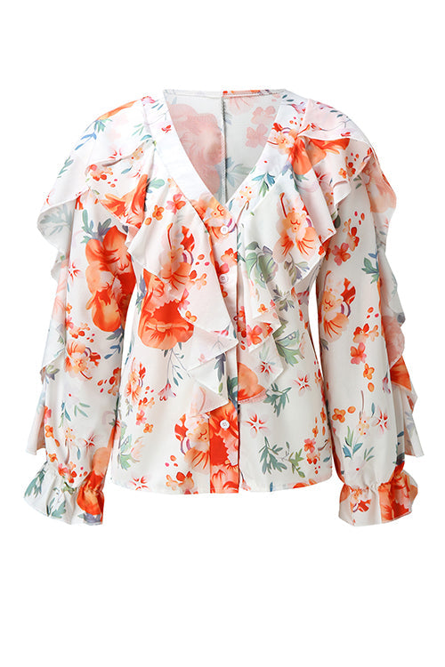 Ruffles Button V Neck Blouse