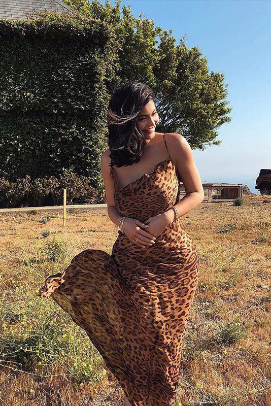 Leopard Spaghetti Strap Cowl Neck Chiffon Slip Maxi Dress - Coffee - View 5