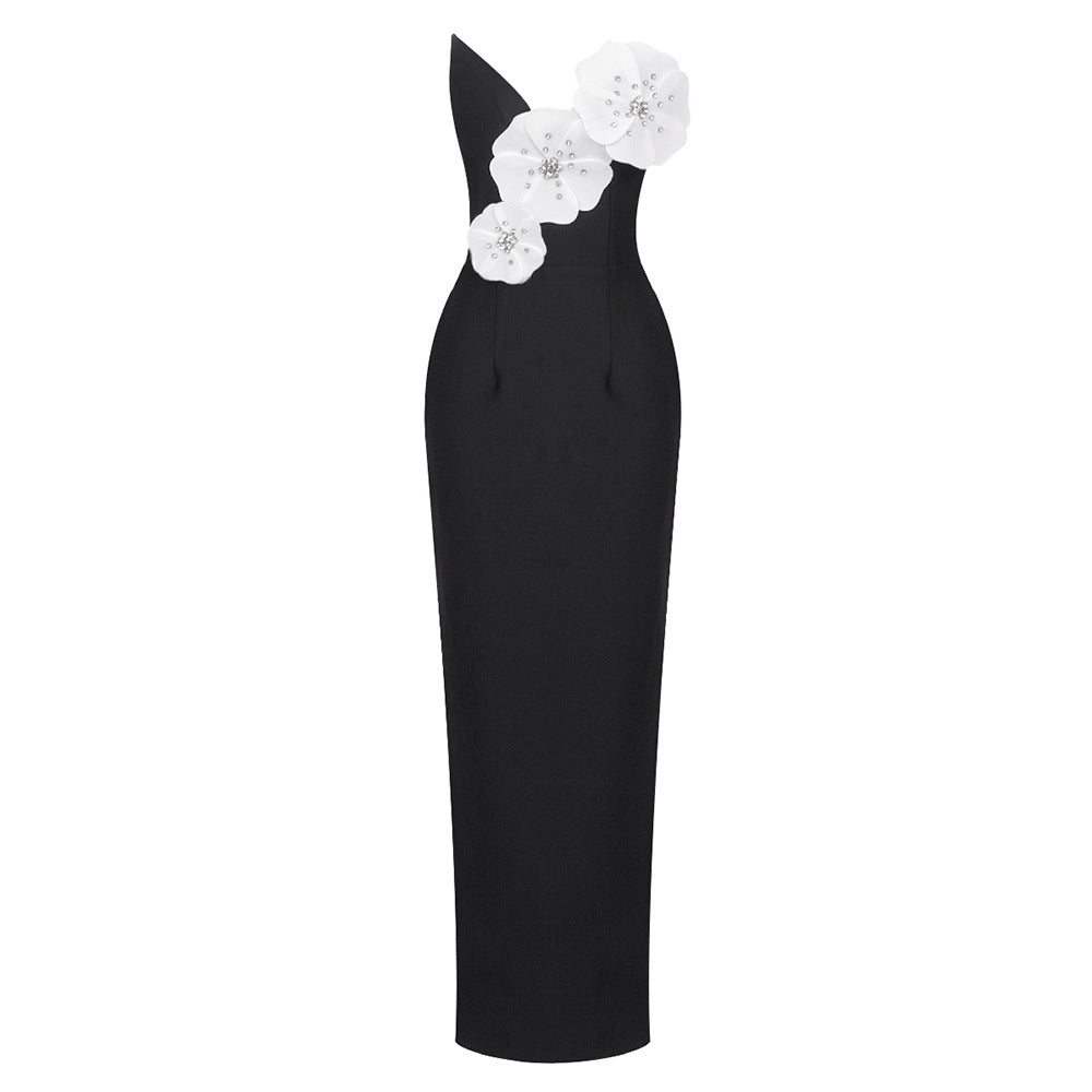 Strapless 3D Floral Applique Column Maxi Gown