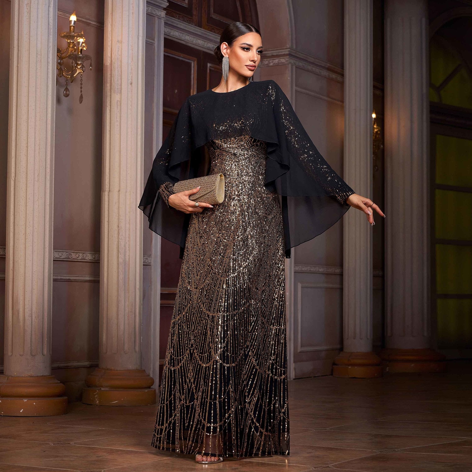 Sequin Round Neck Draped Cape Long Sleeve Sheath Evening Gown