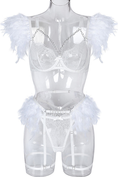 Cutout Feather Detail Plain Lingerie Set