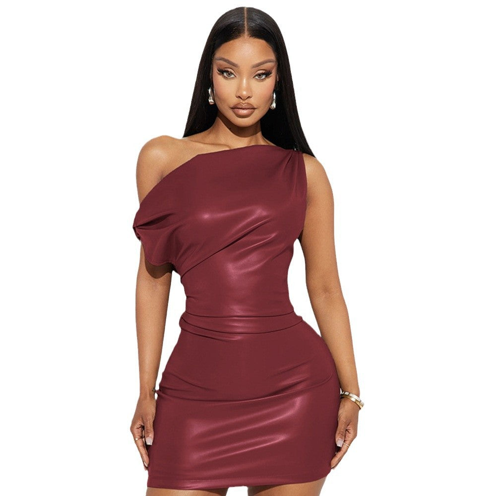 Faux Leather Asymmetric Draped One Shoulder Bodycon Mini Dress 8