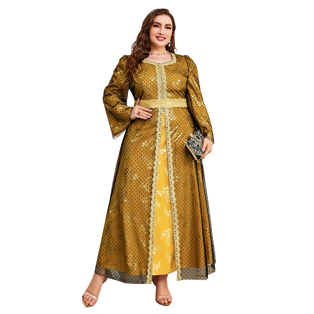 Plus Size Polka Dot Mesh Overlay Lace Trim Belted Long Sleeve Maxi Dress 5