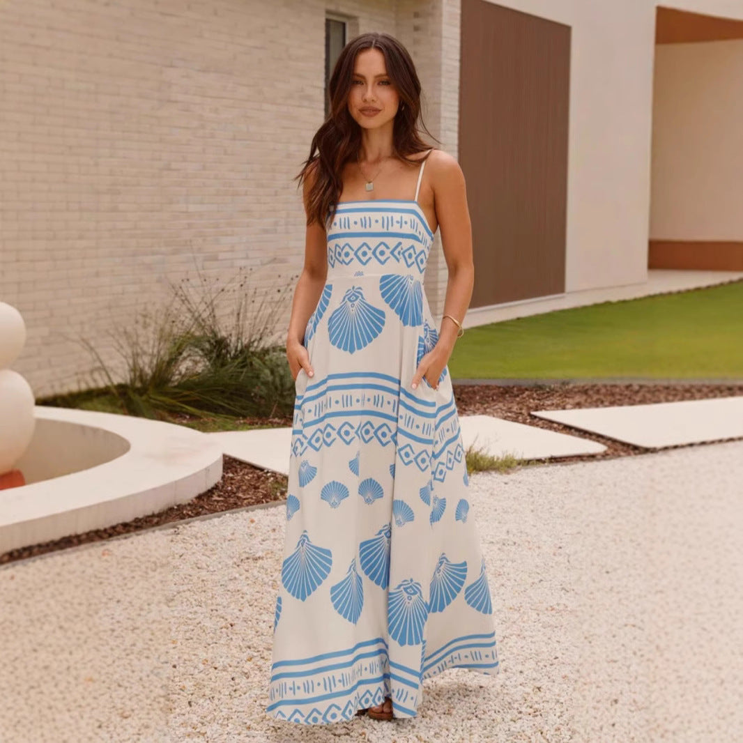 Seashell Print Spaghetti Strap A-Line Maxi Dress with Pockets