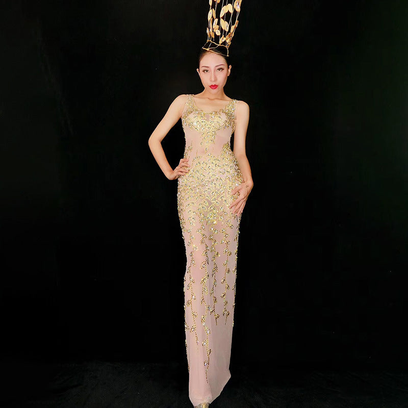 Sequin Beaded Crew Neck Sleeveless Mermaid Maxi Gown