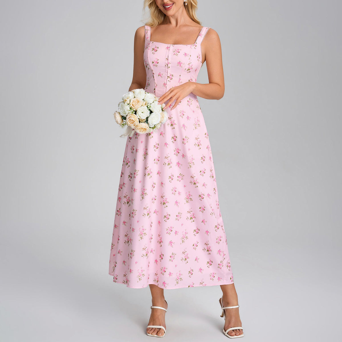 Ditsy Floral Square Neck Sleeveless A-Line Maxi Dress with Pockets 4
