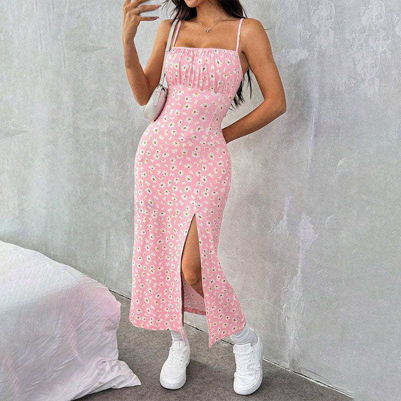 Square Neck Spaghetti Strap Floral High Split Bodycon Midi Dress 8
