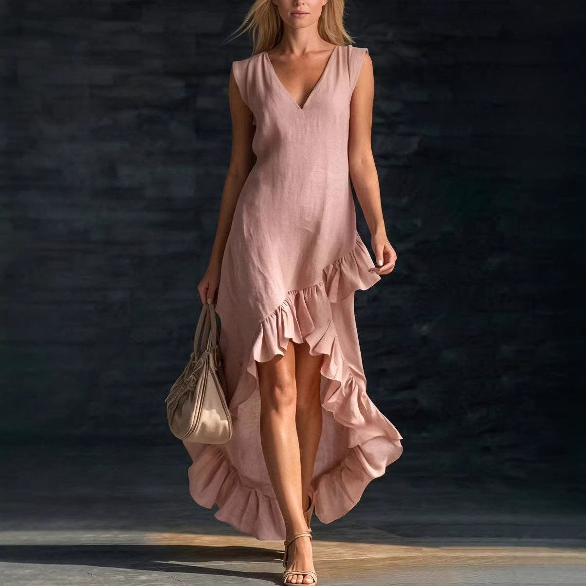 V-Neck Sleeveless Ruffle High Low Maxi Dress 2