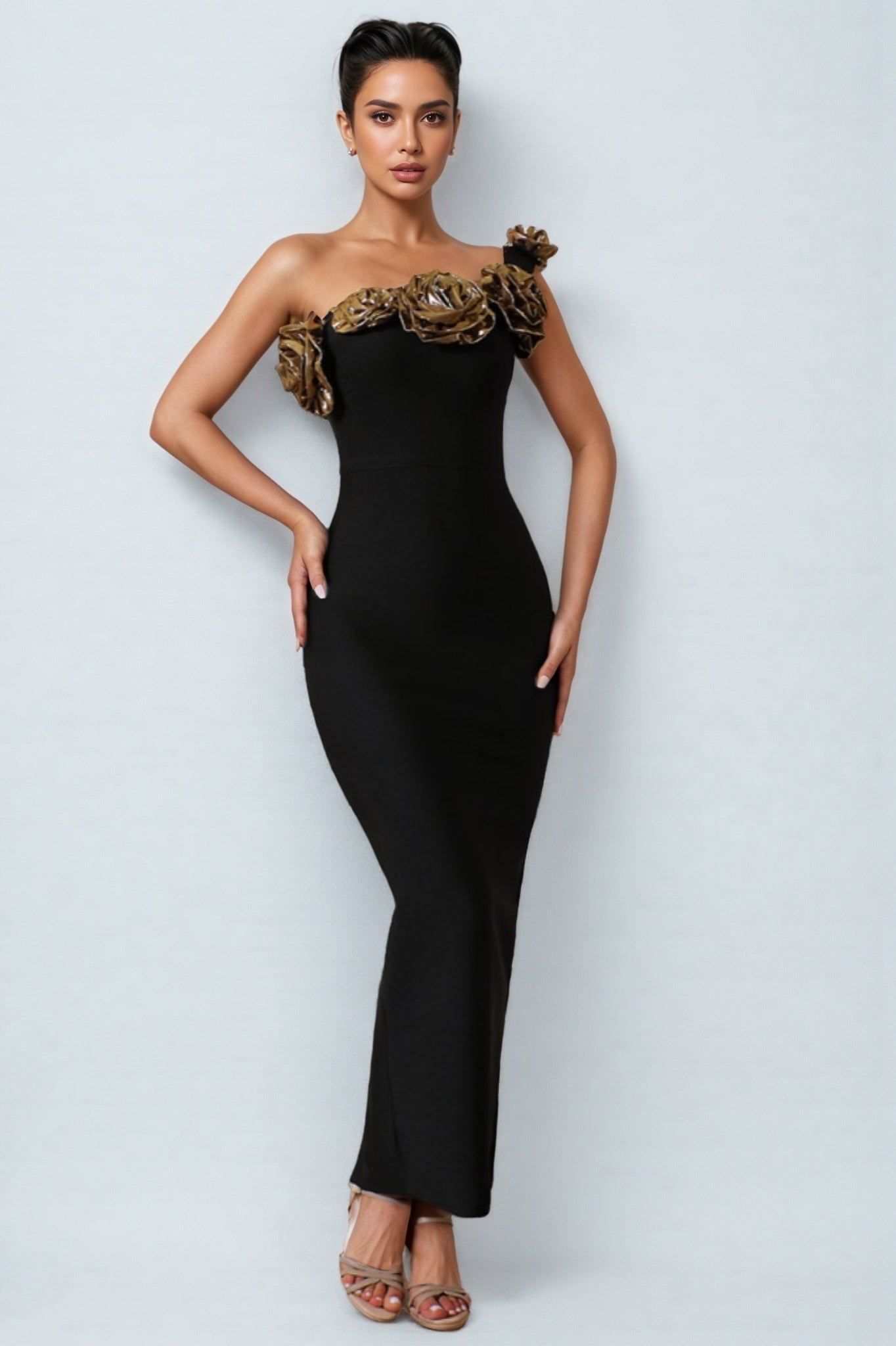 One Shoulder Bandage 3D Floral Midi Dress
