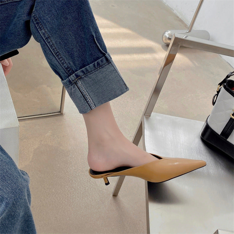 Pointed Toe V Cut Low Heel Mules