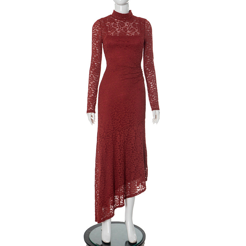 Mock Neck Long Sleeve Lace Ruched Waist Asymmetric Midi Dress 3