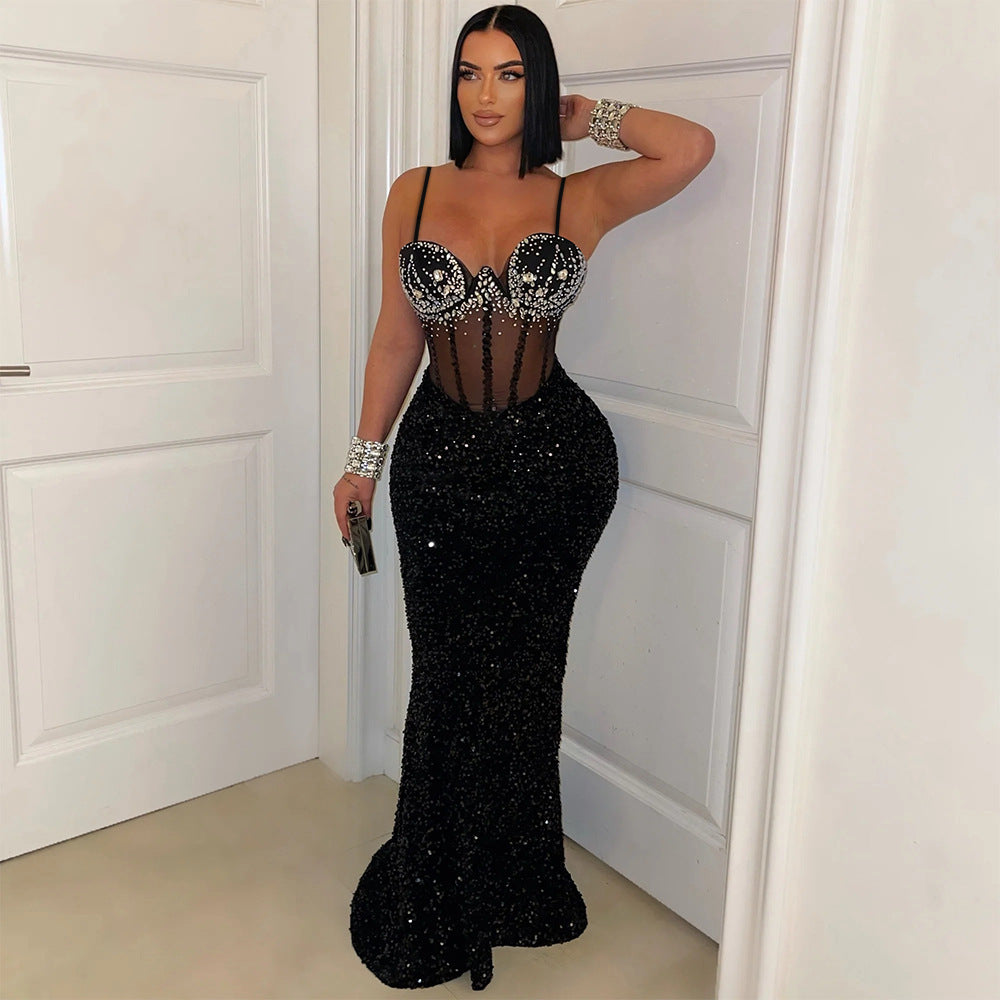 Spaghetti Strap Crystal Corset Sequin Mermaid Maxi Gown