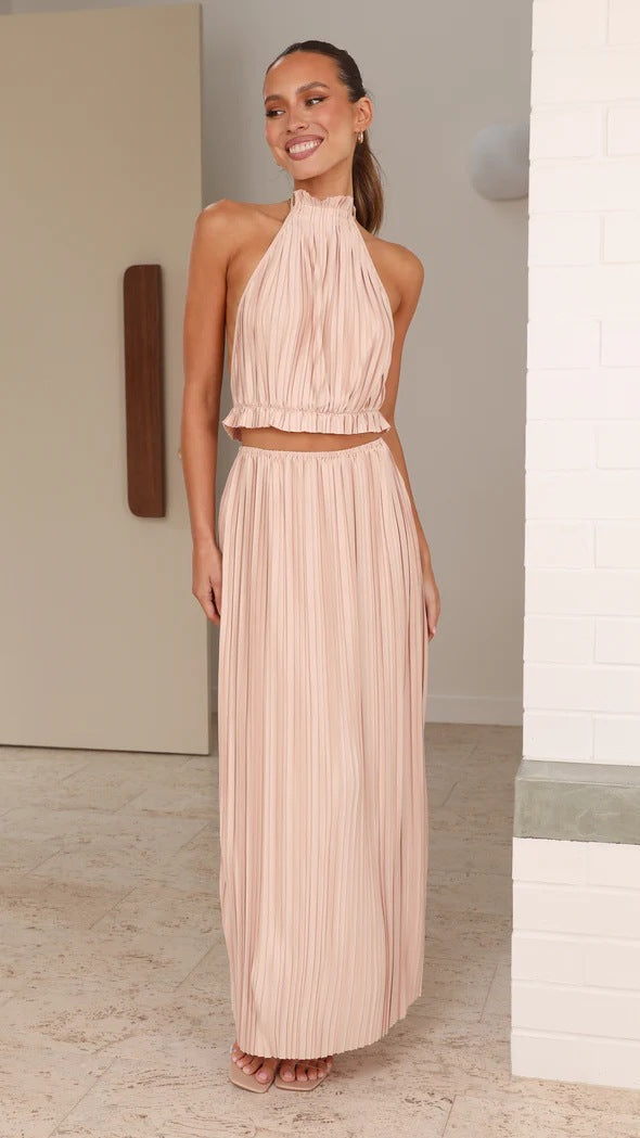 Pleated Halter Neck Backless Cut Out Waist Maxi Dress 6