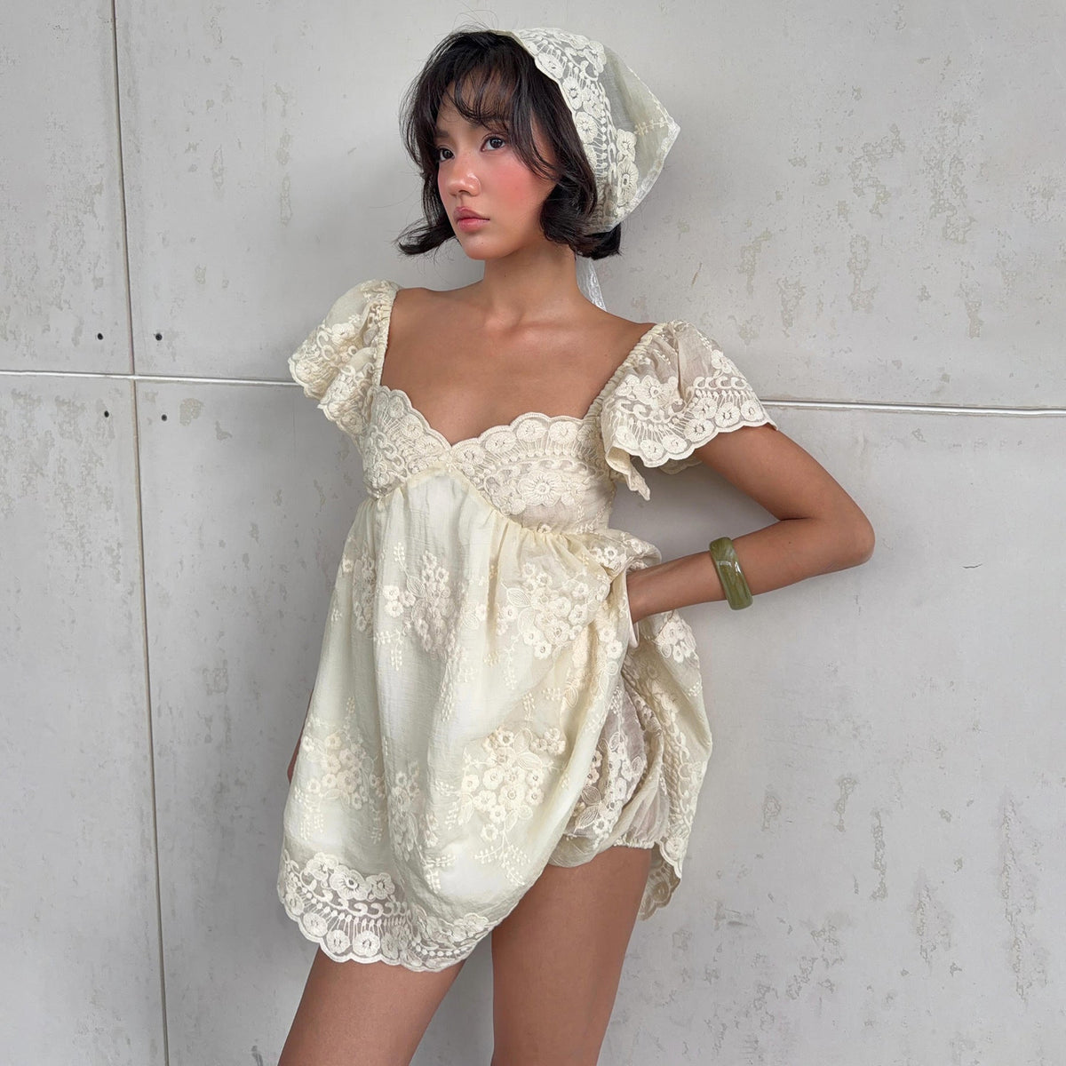 Lace Embroidered Sweetheart Neck Flutter Sleeve Babydoll Mini Dress